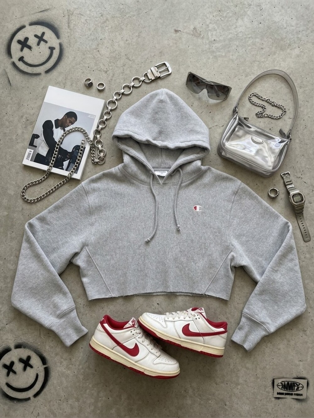 Champion Reverse Weave UO Exclusive Heather Grey Raw Hem Cropped Hoodie Small